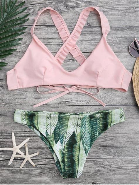 OFF Ruffled Bikini Top And Tropical Bottoms In PINK ZAFUL