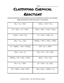 Classifying Chemical Reactions Practice By Mr Fry S Physical Science