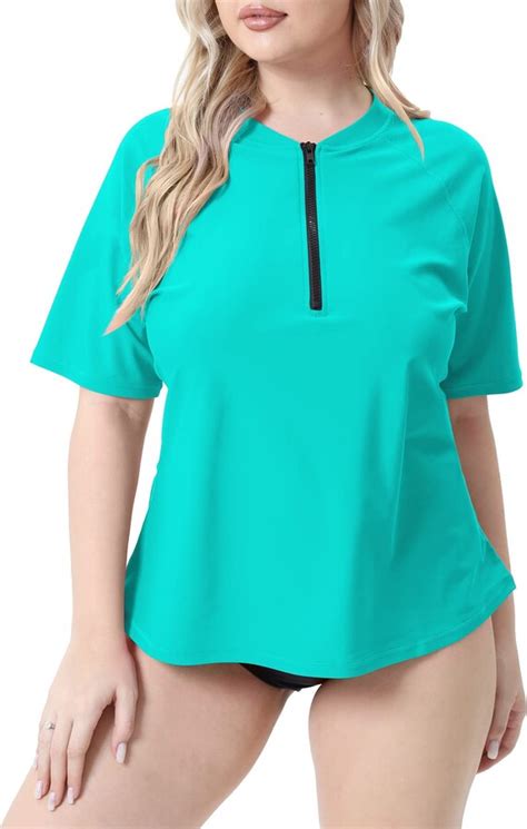 Halcurt Womens Plus Size Short Sleeve Rashguard Top With Upf 50 Zip