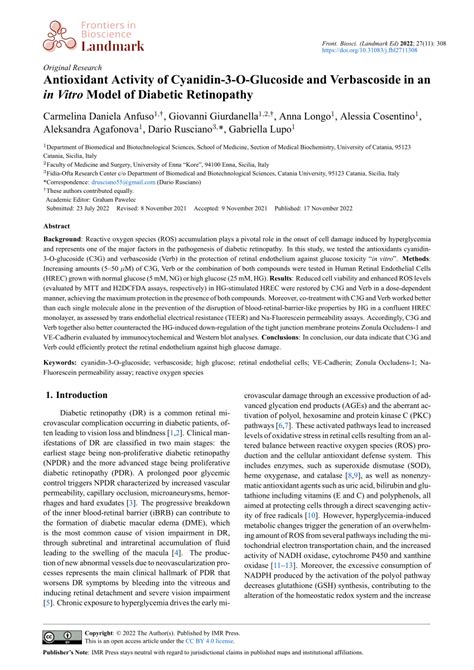 PDF Antioxidant Activity Of Cyanidin 3 O Glucoside And Verbascoside