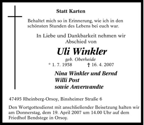 Traueranzeigen Von Uli Winkler Trauer In Nrw De