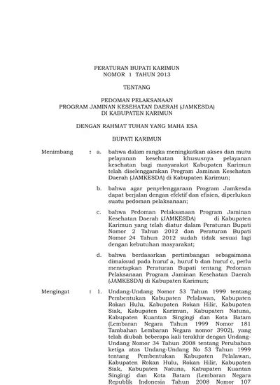 PERATURAN BUPATI KARIMUN NOMOR 1 TAHUN 2013 TENTANG PEDOMAN PELAKSANAAN