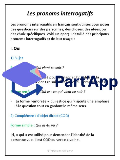 Part App Pronoms Interrogatifs Explications Et Exercices