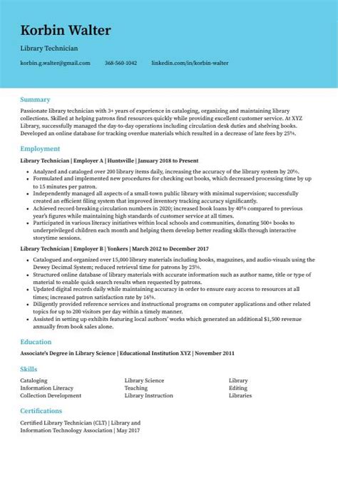 Library Technician Resume (CV) Example and Writing Guide