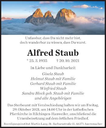 Traueranzeigen Von Alfred Staub Saarbruecker Zeitung Trauer De