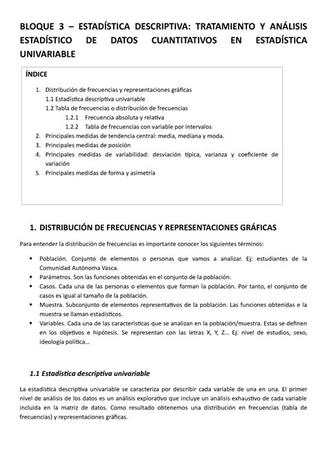 Bloque 3 Apuntes 3 BLOQUE 3 ESTADÍSTICA DESCRIPTIVA TRATAMIENTO