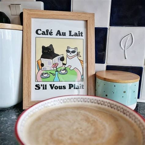 French Cafe Au Lait Cat Print Retro Drink Poster Bistro Coffee