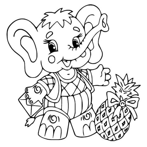 Dibujos de Lindo Elefante y una Piña para Colorear para Colorear