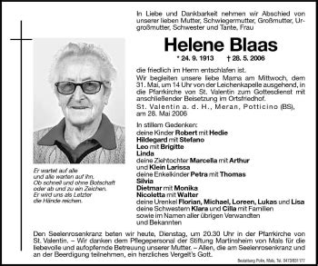 Traueranzeigen Von Helene Blaas Trauer Bz