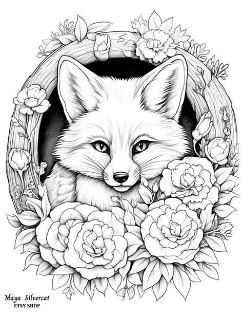 Fox With Flowers Free Coloring Page For Adults In 2023 Fox Coloring