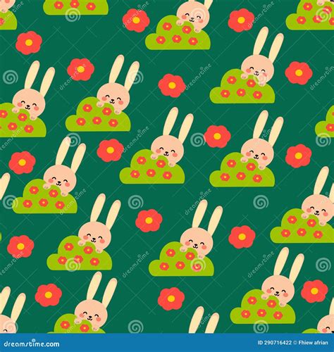 Seamless Pattern Of Pink Rabbits And Flower For Fabric Print Stock