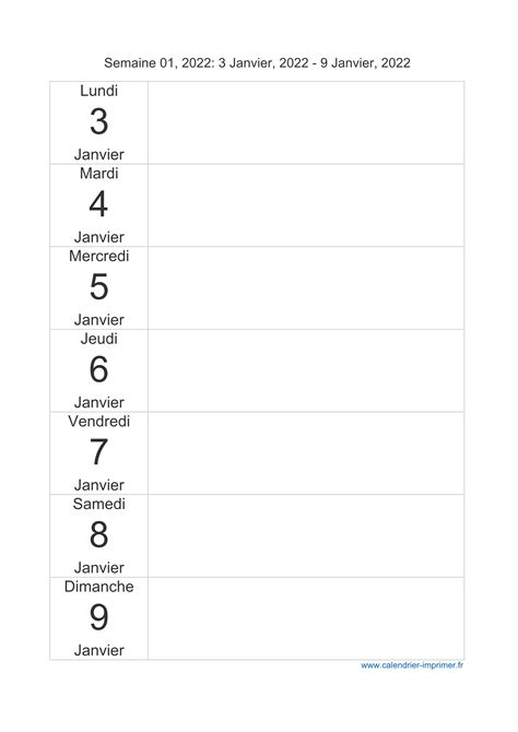 Calendrier 2022 Semaine Planning Hebdomadaire Semainier