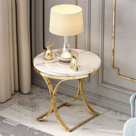 Modern Luxurious Round White Stone Side Table X Base End Table In Gold