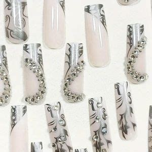 Makeup 24pcs Glossy Long Square Nude Press On Nails With Silvery Stripe And 3d Heart Poshmark