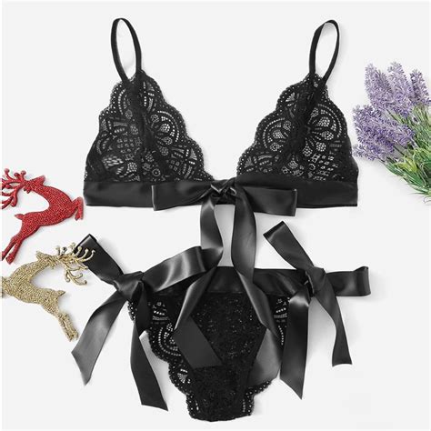 Rccsdwx Sexy Lingerie For Women Bra Sexy Underpant Scalloped Trim Tie Side Lace Set Lingerie Bow