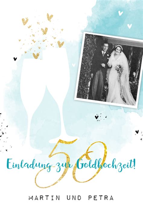 Einladung Zur Goldhochzeit Mit Blauem Aquarell Gold Und Foto