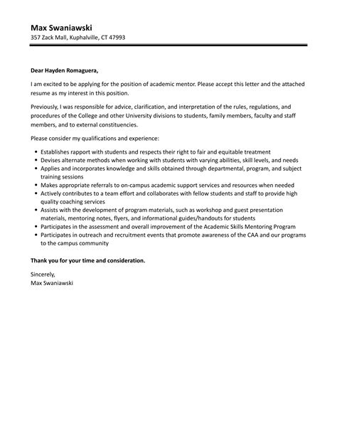 Academic Mentor Cover Letter Velvet Jobs