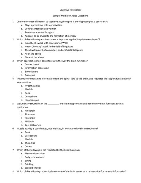 Cognitive Psychology Sample Multiple Choice Questions One