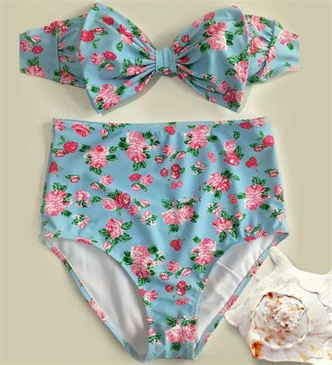 17 OFF Floral Bowknot Bandeau Cute High Waisted Bikini Sets Rosegal