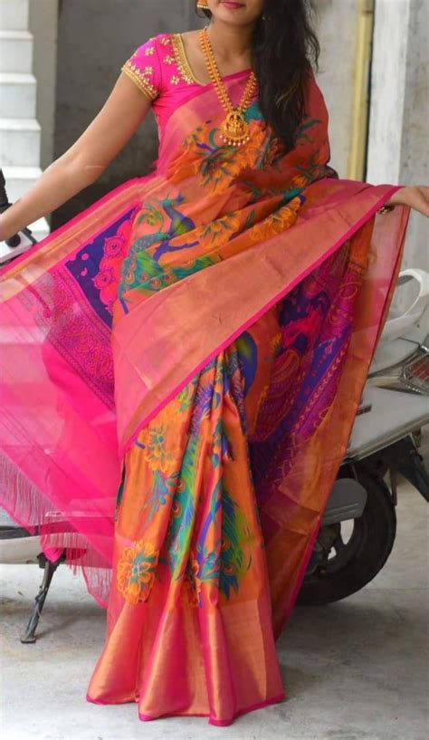 Uppada Printed Pure Silk Saree In Orange And Pink With Wide Etsy