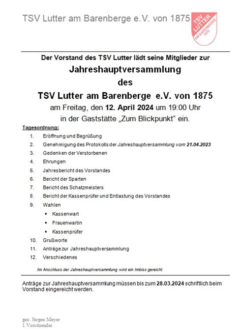 Jahreshauptversammlung Tsv Lutter Am Barenberge Von E V