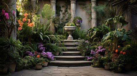 Premium AI Image | a garden with flowers and a fountain in the background.