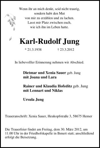 Traueranzeigen Von Karl Rudolf Jung Trauer In Nrw De