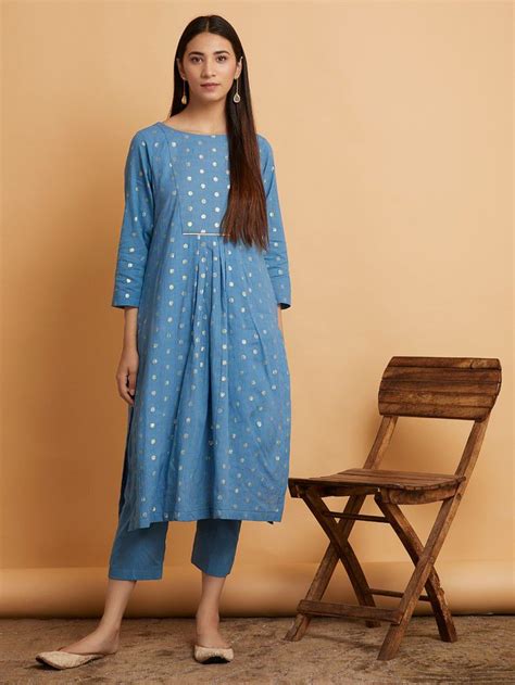 Blue Muslin Cotton Kurta With Pants Set Of 2 With Images Kurta