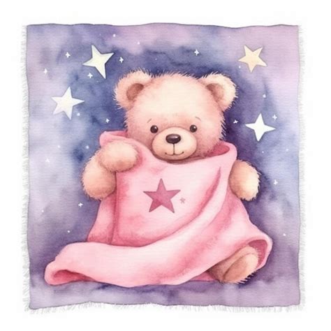 Pintura De Un Oso De Peluche Envuelto En Una Manta Con Estrellas