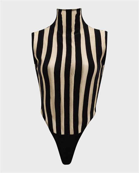 Laquan Smith Mock Neck Sleeveless Velvet Striped Sheer Bodysuit