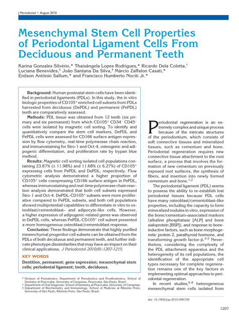 PDF Mesenchymal Stem Cell Properties Of Periodontal Ligament Cells