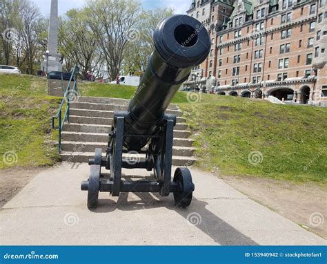 Old Black Cannon On Wheels In Quebec Canada Editorial Photography