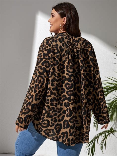 SHEIN LUNE Blusa con estampado de leopardo de manga enrollada con botón