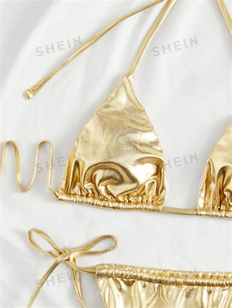 SHEIN Swim Summer Beach Metallic Bikini Set Halter Micro Triangle Bra