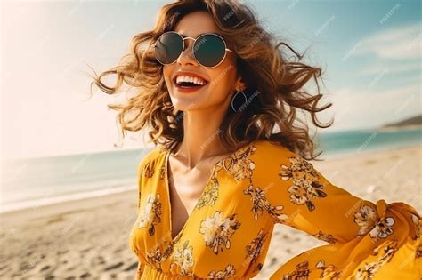 Premium Photo A Woman Wearing A Yellow Dress With Sunglasses On And