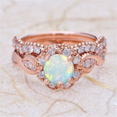 K Vintage Rose Gold Opal Engagement Ring And Wedding Band Etsy New