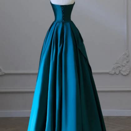 A Line Strapless Satin Peacock Blue Long Prom Dress, Simple Peacock ...