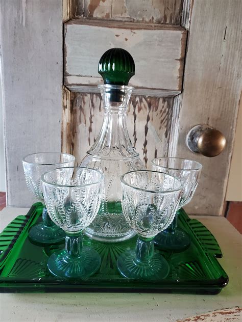 Vintage Avon Emerald Green Glass Decanter Set Tray Decanter 6 Cordial Glasses Etsy