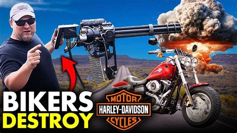 Boom Bikers Literally Blow Up Their Harley Davidson With Machine Guns