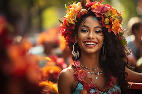 Mujer Feliz Y Bailando En El Carnaval De Barranquilla En Colombia