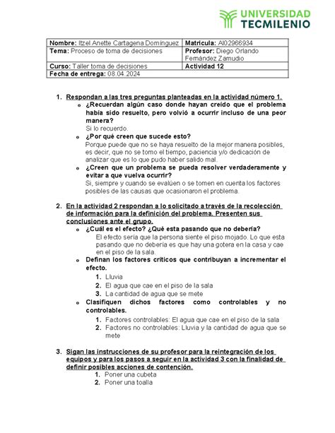 Actividad 12 Taller De Planeacion Y Toma De Decisiones Nombre Itzel