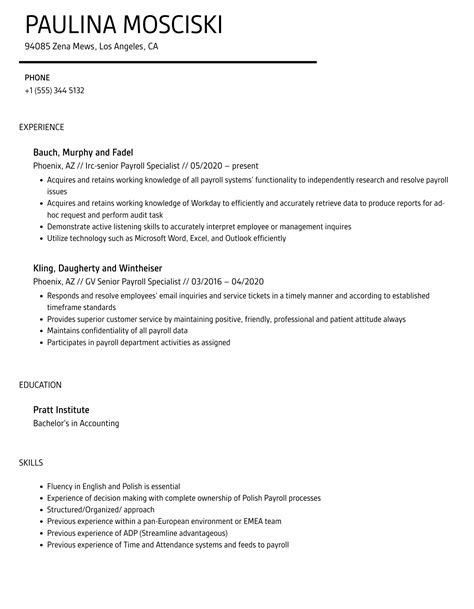 Senior Payroll Specialist Resume Samples Velvet Jobs