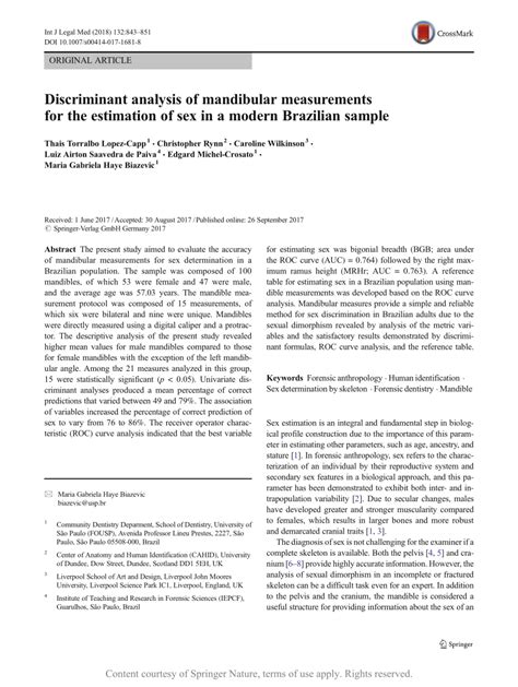 Discriminant Analysis Of Mandibular Measurements For The Estimation Of Sex In A Modern Brazilian