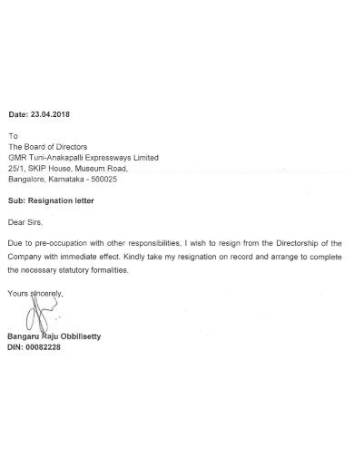 Corporate Officer Resignation Letter