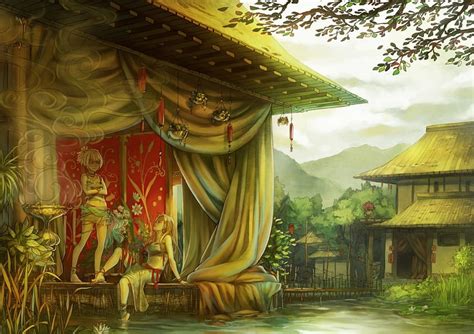 A Peaceful Day Blue River Day Couple Water Art House Girl Incense Tree Anime Yellow