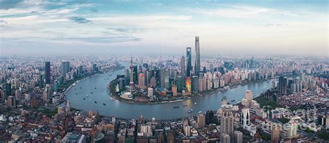 Aerial View Of Shanghai Skyline At Dusk By Steven Han