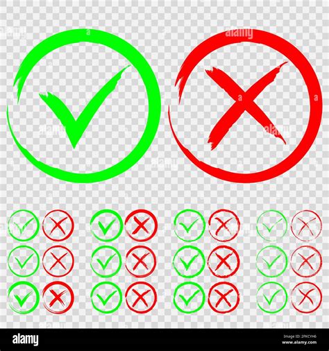 Set Of Green Check Mark Ok And Red X Icons Isolated On Transparent