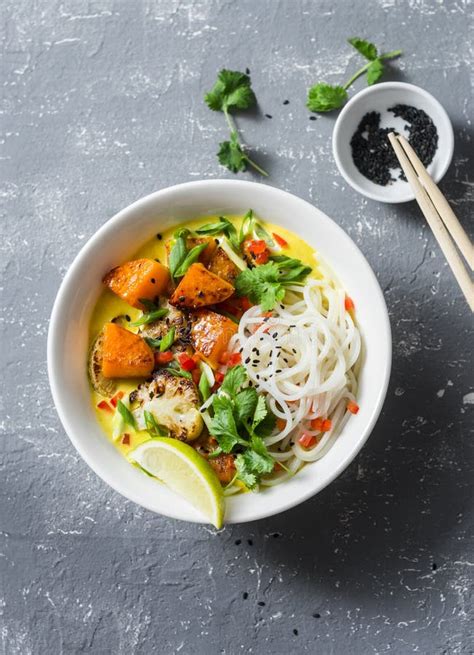 Vegan Khao Soi Soup On A Grey Background Top View Vegetarian Soup