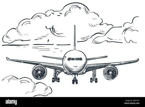 Plane flies in sky, hand drawn vector sketch illustration. Air flight drawing background ...