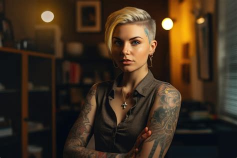 Premium Photo A Tattooed Woman With Blonde Short Haircut Standing In The Office Generative Ai